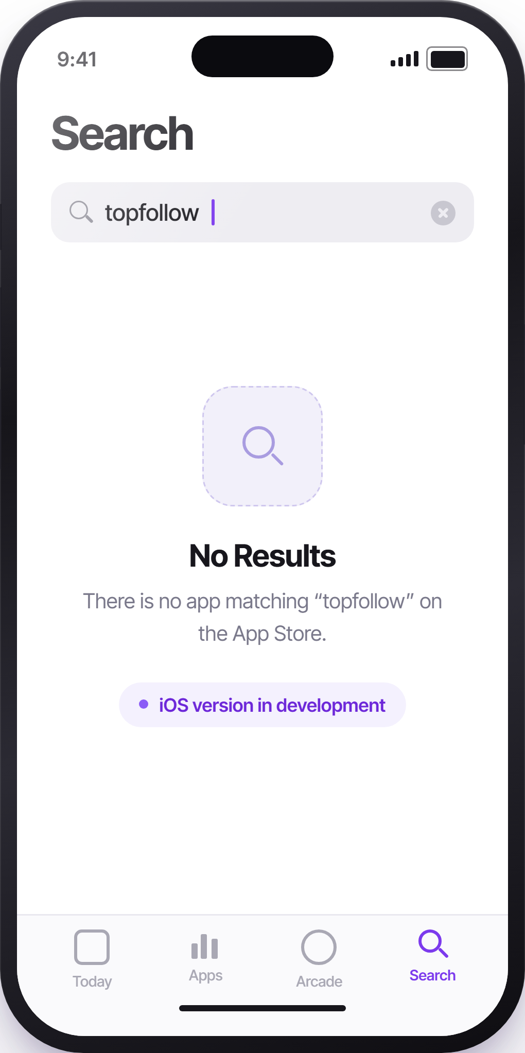 App Store search for TopFollow showing no available iOS application